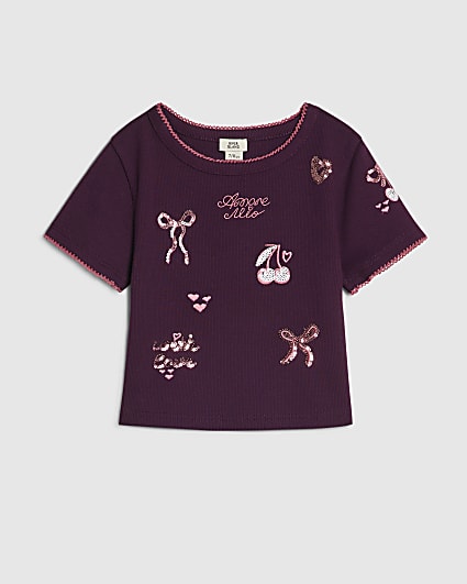 Girls Purple Sequin Embroidered T-Shirt