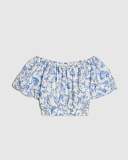 Girls Blue Toile Print Crop Top