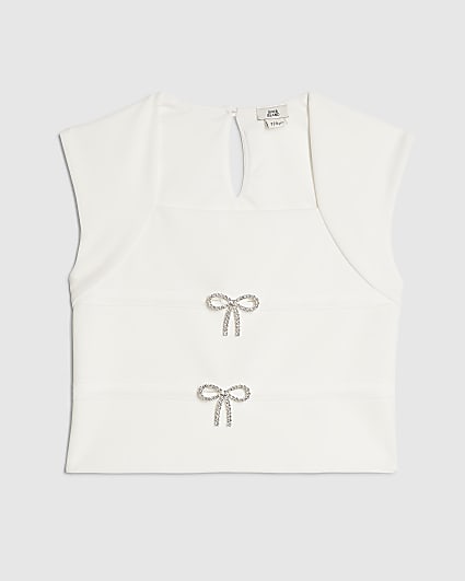 Girls White Textured Bow Top