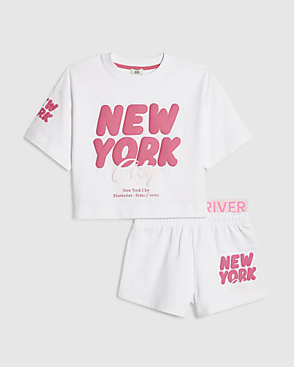 Girls White New York T-Shirt Set