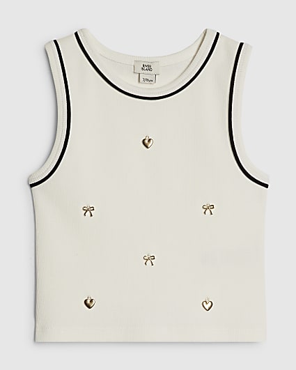 Girls White Ribbed Charm Tank Top