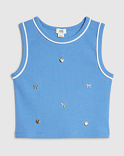 Girls Blue Ribbed Bow Charm Tank Top