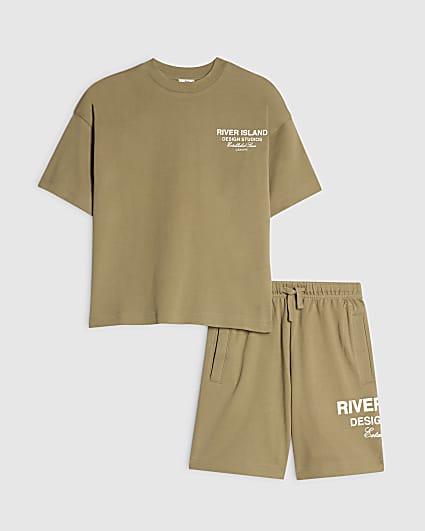 Boys Khaki RI Branded T-Shirt And Shorts Set