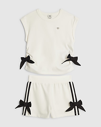 Girls White Bow Tank Top And Shorts Set