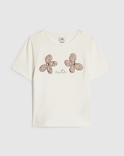 Girls White Ribbed Butterfly Trim T-Shirt