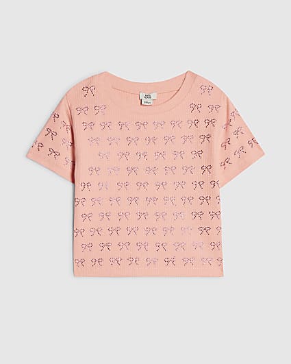 Girls Coral Bow Diamante T-Shirt