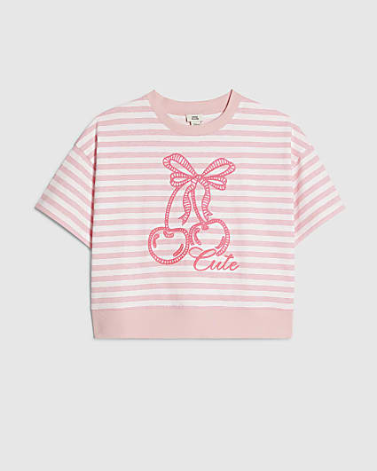 Girls Pink Stripe Cherry Bow T-Shirt