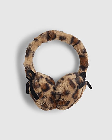 Girls Brown Leopard Print Bow Earmuffs