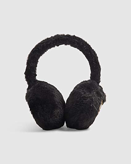 Girls Black Faux Fur Glitter Heart Earmuffs