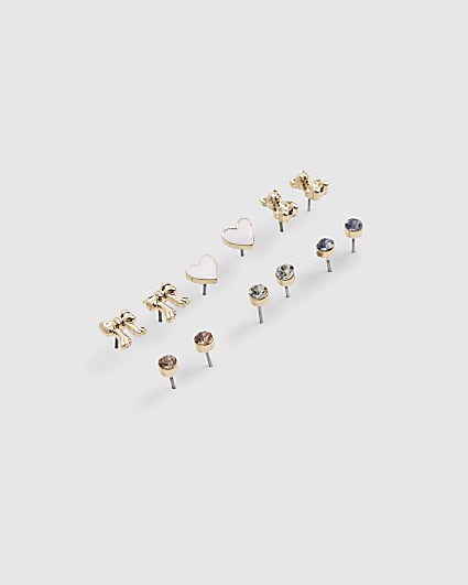 Girls Gold Heart Stud Earrings Pack of 6