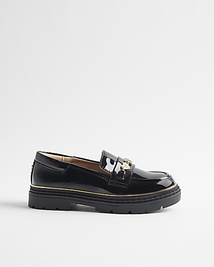Girls Black Patent Flower Chain Loafers