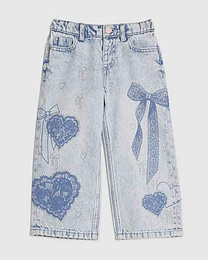 Mini Girls Bow Etched Wide Leg Jeans