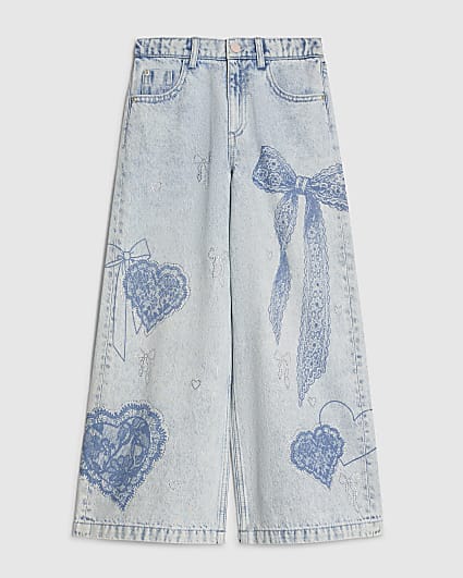 Girls Bow Etched Wide Leg Jeans