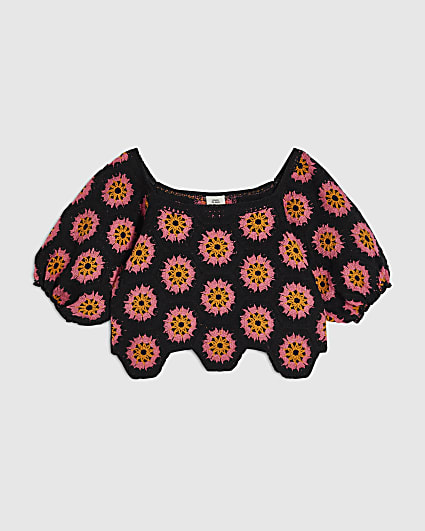 Girls Black Puff Sleeve Crochet Top