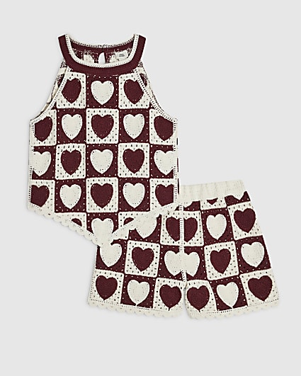 Girls Cream Heart Hanky Hem Crochet Top Set