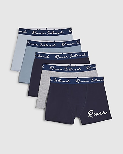 Boys Navy Script Pack Of 5 Boxers