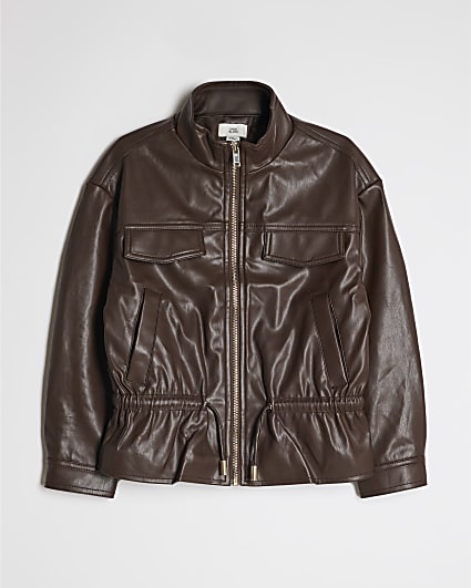 Girls Brown Faux Leather Peplum Bomber Jacket