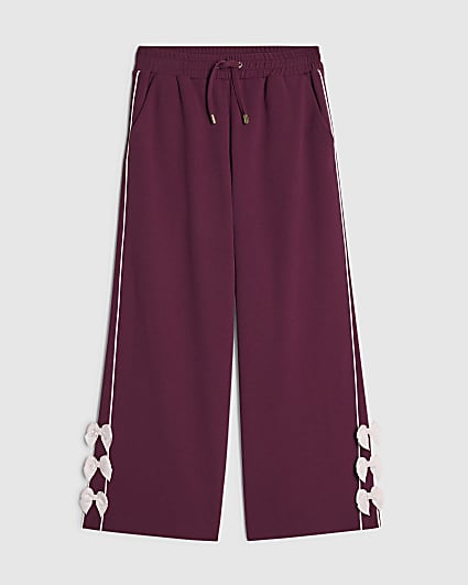 Girls Red Wide Leg Bow Side Stripe Trousers