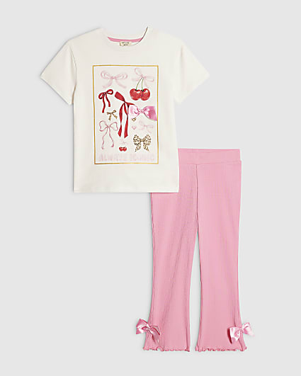 Mini Girls Cream Leopard Bow T-Shirt Set