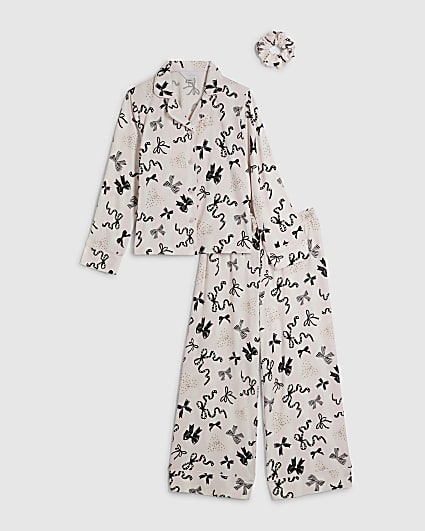 Girls Cream Bow Button Through Pyjamas Set
