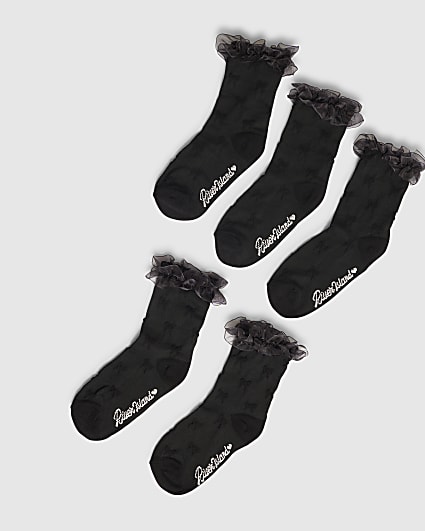 Girls Black Pack Of 5 Ankle Socks