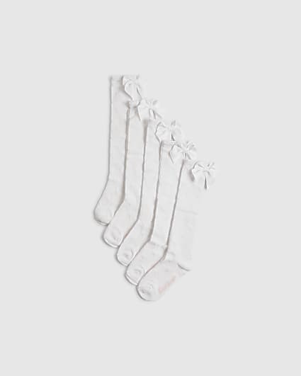 Girls White Bow Pack Of 5 Knee High Socks