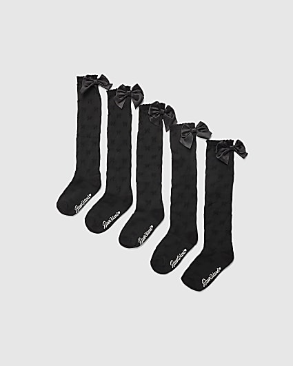 Girls Black Bow Pack Of 5 Knee High Socks