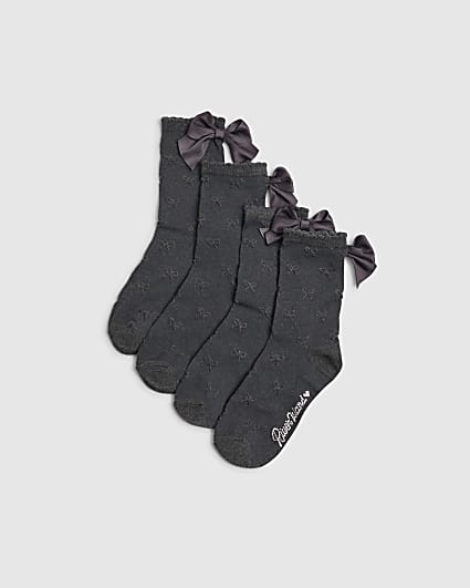 Girls Black Bow Back Pack of 2 Ankle Socks