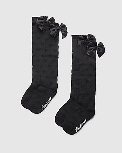 Girls Black Pack Of 2 Knee High Socks