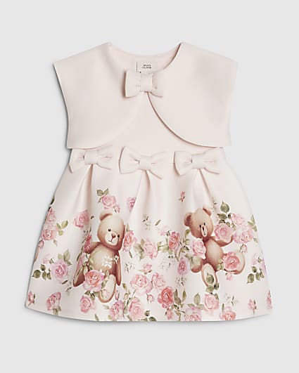 Baby Girls Pink Bear Bow Floral Dress