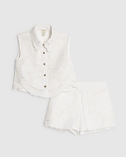 Mini Girls White Cut Work Shirt & Short Set