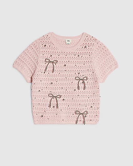 Girls Pink Embellished Bow Crochet Top