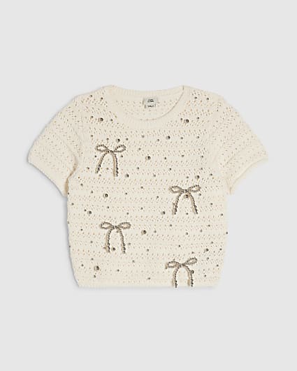 Girls Cream Embellished Crochet T-Shirt