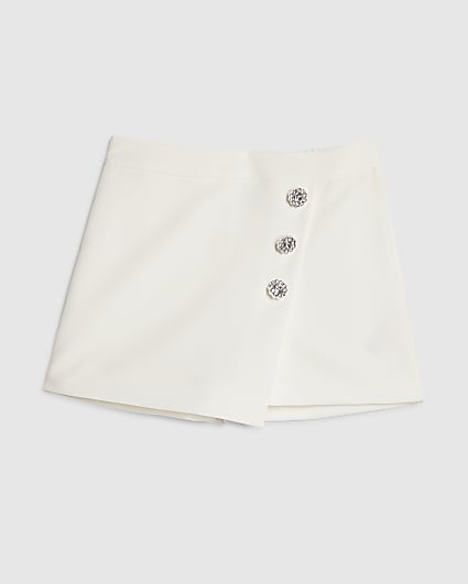 Girls White Button Skort