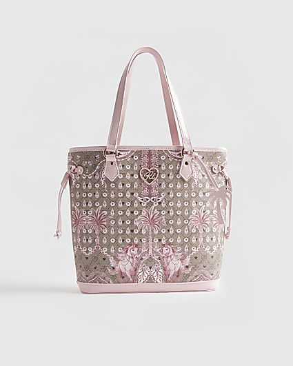 Girls Brown Monogram Horse Print Shopper Bag