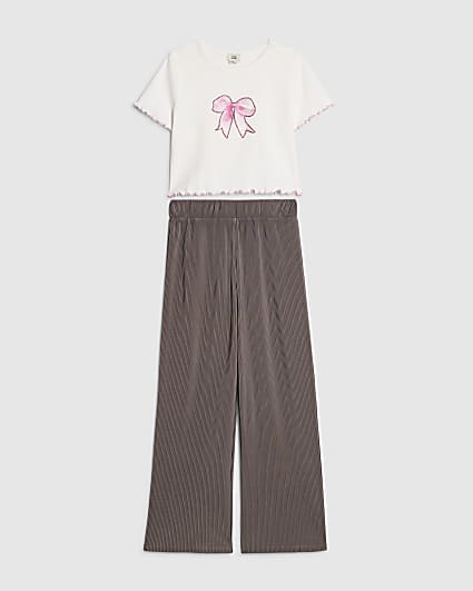 Girls White Bow T-Shirt And Trousers Set