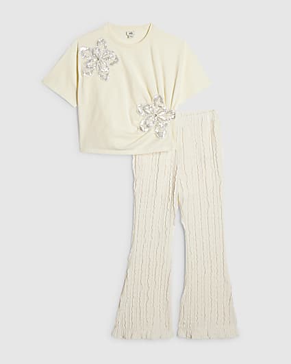 Girls Cream Sequin Floral Set