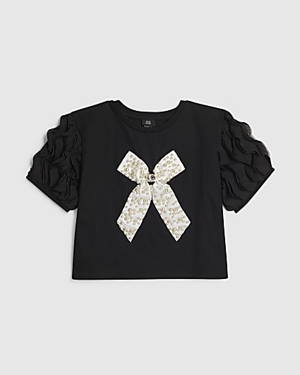 Girls Black Ruffle Pearl Bow Top