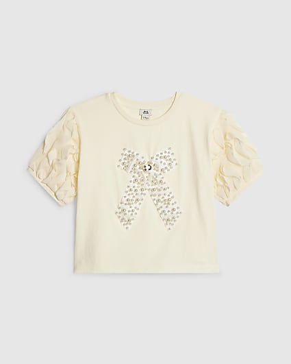 Girls Cream Ruffle Pearl Bow Top