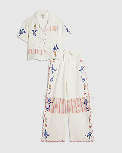 Girls White Embroidered Floral Set
