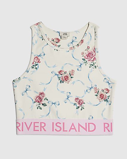 Girls White Floral Print Active Tank Top