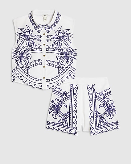 Girls White Palm Tree Shirt And Short Set