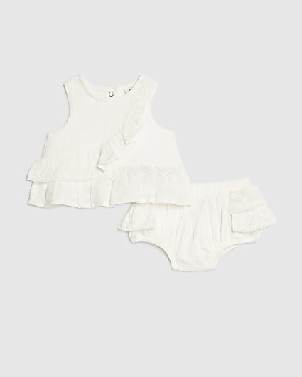 Baby Girls White Ruffle Broderie Bloomer Set
