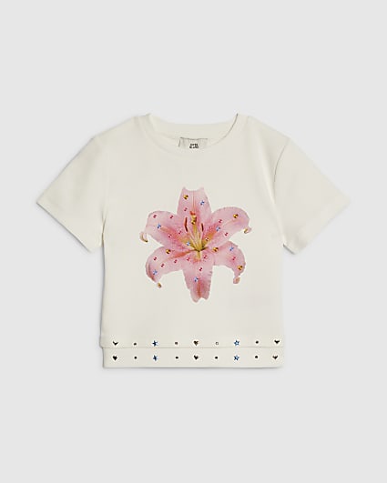 Girls White Flower Stud T-Shirt