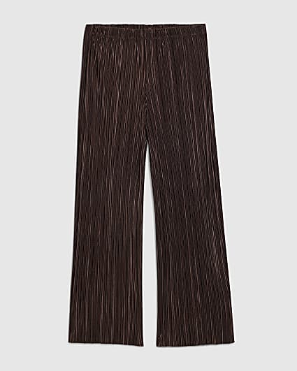 Girls Brown Plisse Wide Leg Trousers