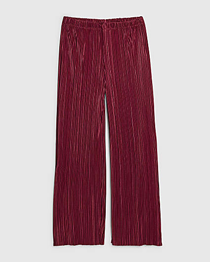 Girls Red Plisse Wide Leg Trousers