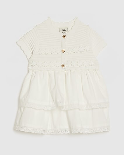 Baby Girls White Hybrid Knit Broderie Dress