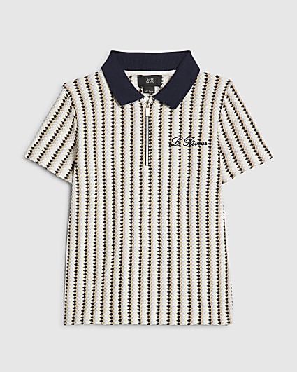 Mini Boys Navy Crochet Stripe Zip Polo Shirt
