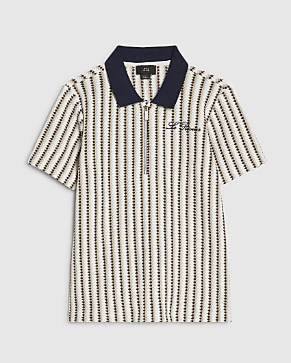 Boys Navy Crochet Stripe Zip Polo Shirt