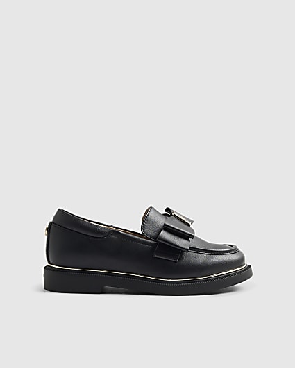 Girls Black Faux Leather Bow Loafer Shoes